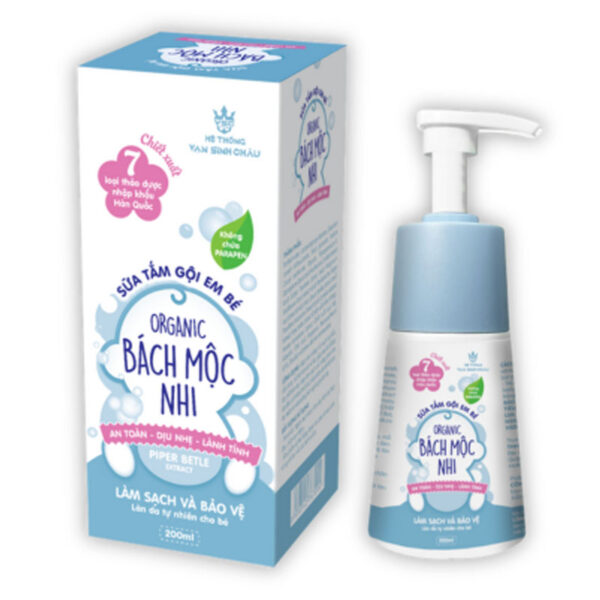 Sữa tắm gội em bé Organic Bách Mộc Nhi - Giúp làm sạch nhẹ nhàng bụi bẩn, dầu thừa trên da và tóc bé.