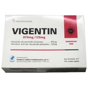 Thuốc Vigentin 875mg/125mg điều trị nhiễm khuẩn nặng đường hô hấp (2 vỉ x 7 viên)